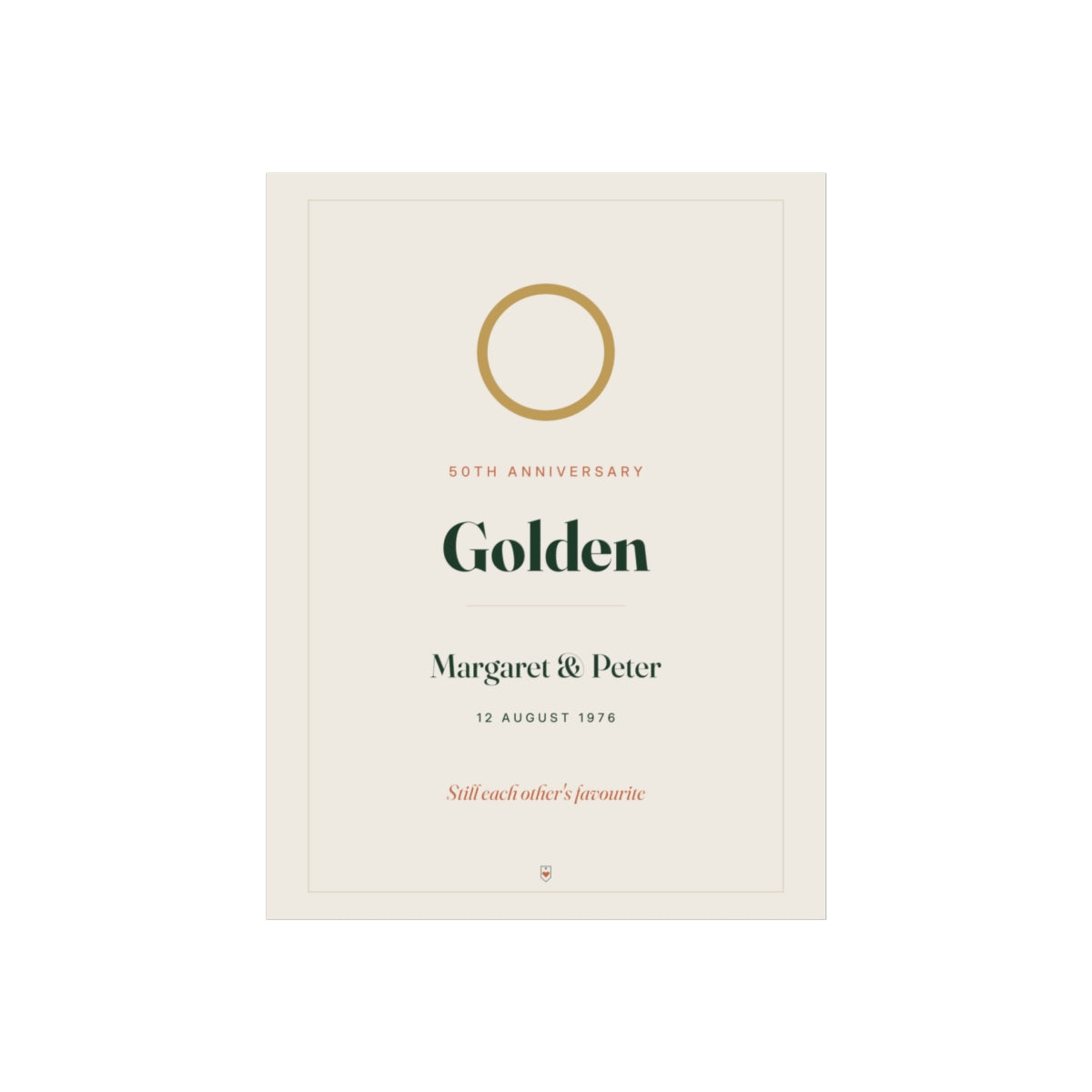 Anniversary print mock-up with a gold ring, '50th anniversary', 'Golden', 'Margaret & Peter' and '12 August 1976'