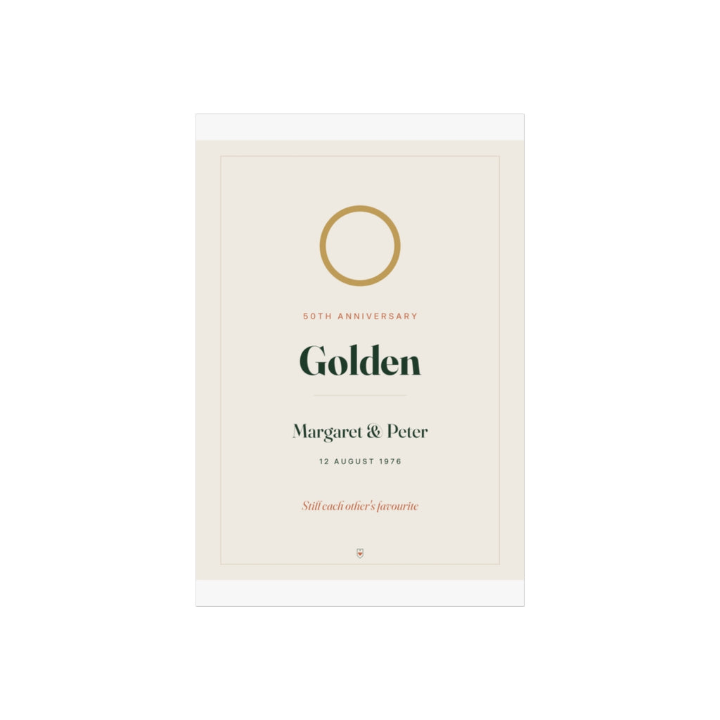 Anniversary print mock-up on a taller sheet with white margins, 'Golden' and 'Still each other's favourite'