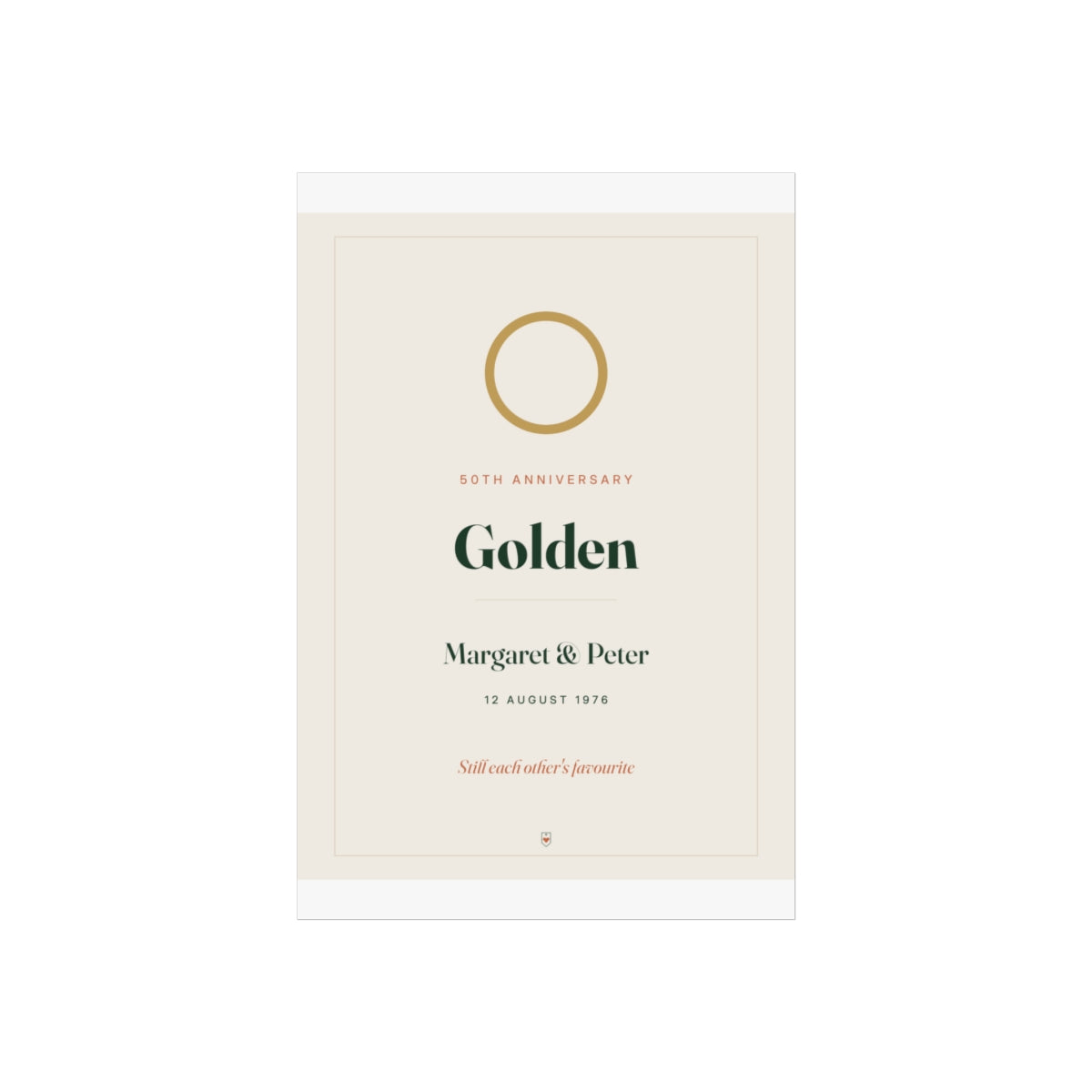 Anniversary print mock-up on a taller sheet with white margins, 'Golden' and 'Still each other's favourite'