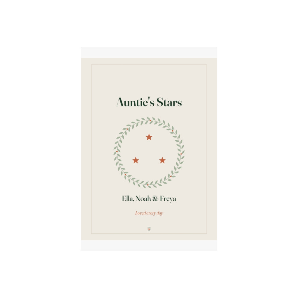 Auntie's Stars print mock-up on a taller sheet with white margins, wreath with three stars and 'Ella, Noah & Freya'
