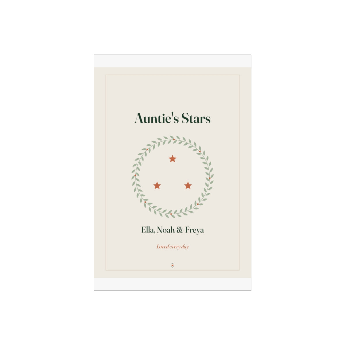 Auntie's Stars print mock-up on a taller sheet with white margins, wreath with three stars and 'Ella, Noah & Freya'