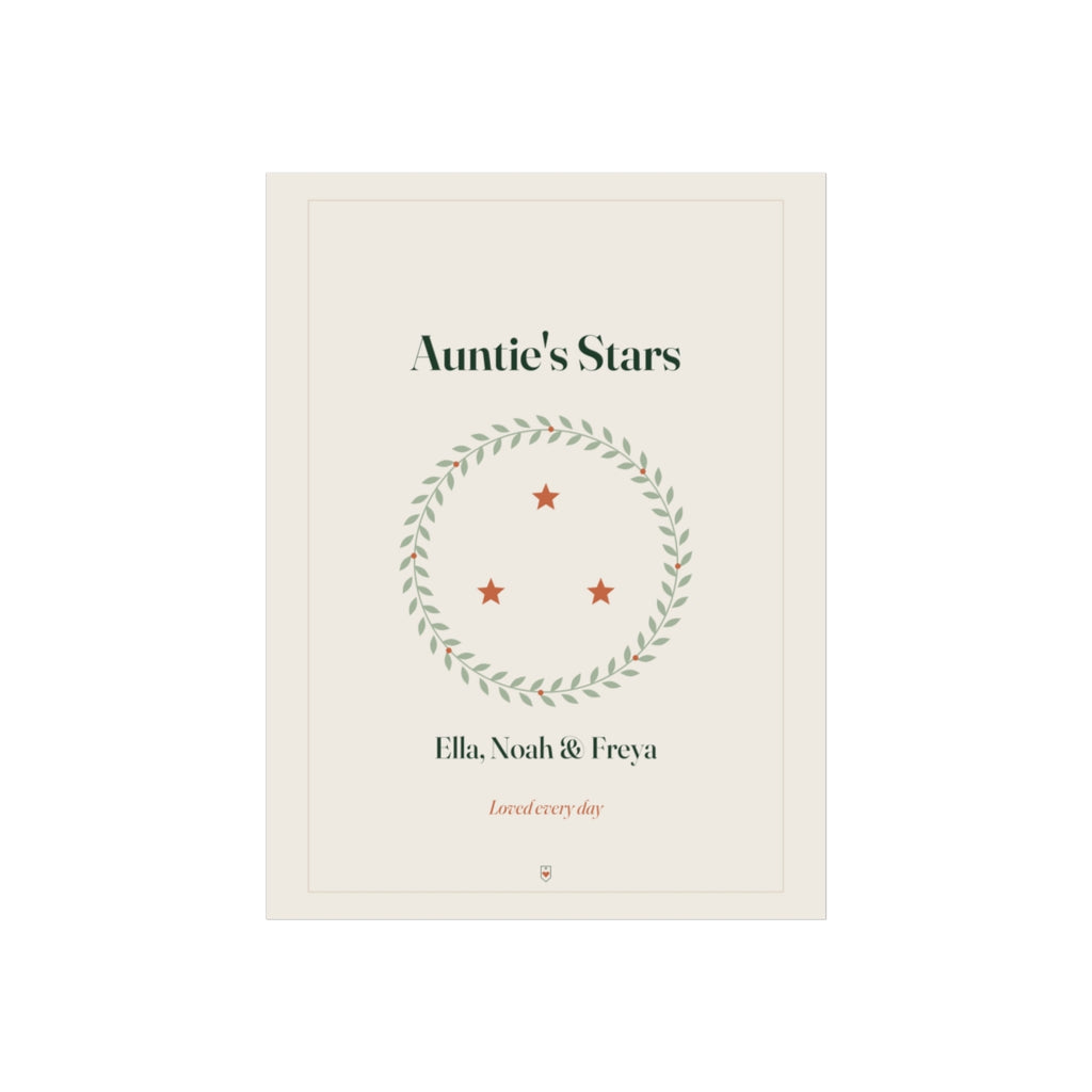 Personalised Auntie's Stars print mock-up, three stars inside a leafy wreath, 'Ella, Noah & Freya' and 'Loved every day'