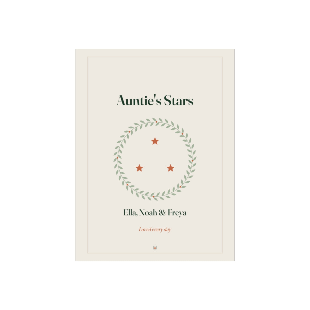 Personalised Auntie's Stars print mock-up, three stars inside a leafy wreath, 'Ella, Noah & Freya' and 'Loved every day'