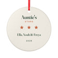 Personalised Auntie's Stars ceramic ornament mock-up, round with a red ribbon, three stars, 'Ella, Noah & Freya' and '2026'