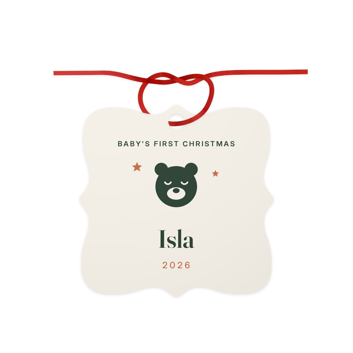 Personalised Baby's First Christmas aluminium ornament mock-up, cream scalloped square with a green bear, 'Isla' and '2026'