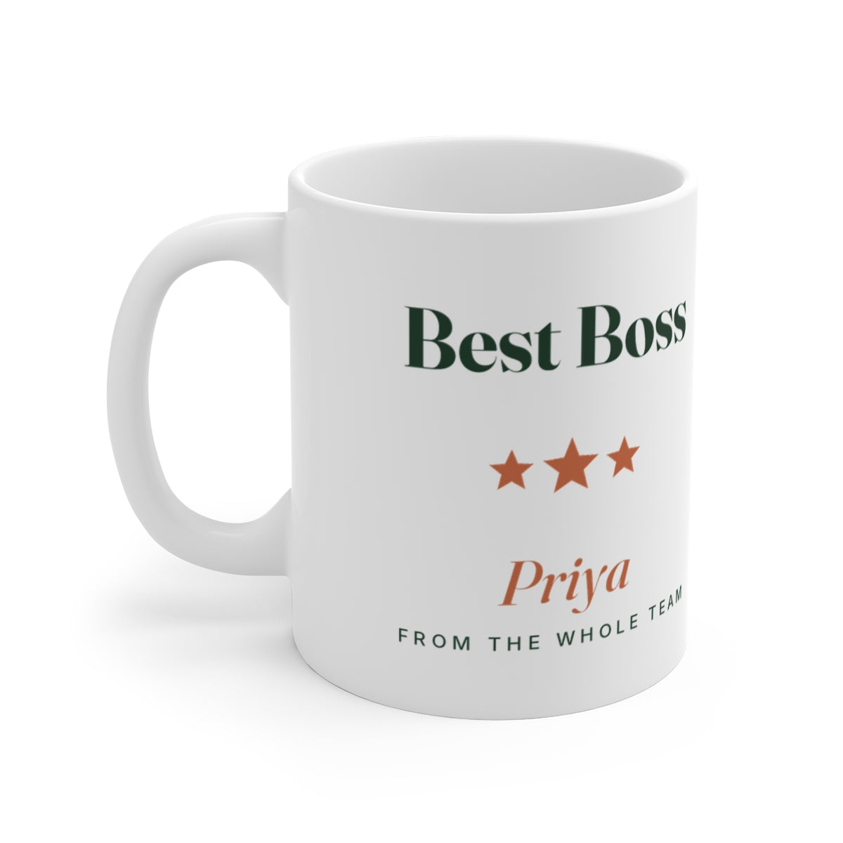 Personalised 'Best Boss' mug mock-up, handle on the left, with three orange stars, 'Priya' and 'From the whole team'