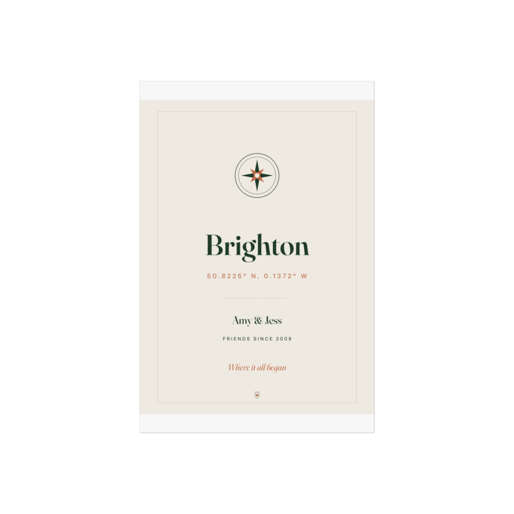 Personalised coordinates print for friends, artwork mock-up at 8 x 12 in proportions with 'Brighton' and 'Amy & Jess'
