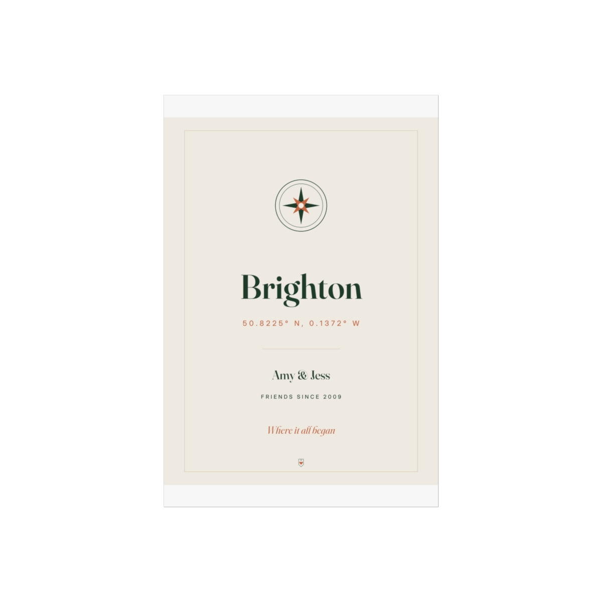 Personalised coordinates print for friends, artwork mock-up at 8 x 12 in proportions with 'Brighton' and 'Amy & Jess'