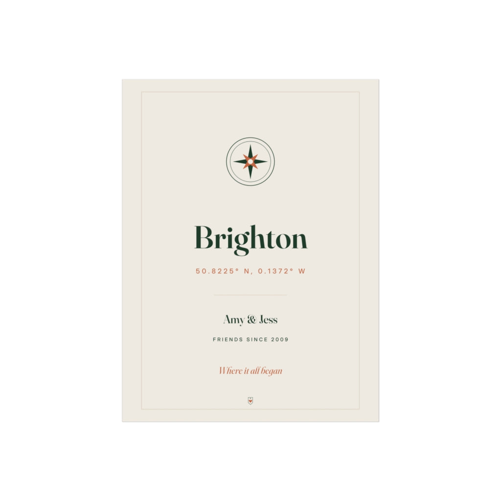 Personalised coordinates print for friends, artwork mock-up with a compass, 'Brighton', 'Amy & Jess' and 'Friends since 2009'
