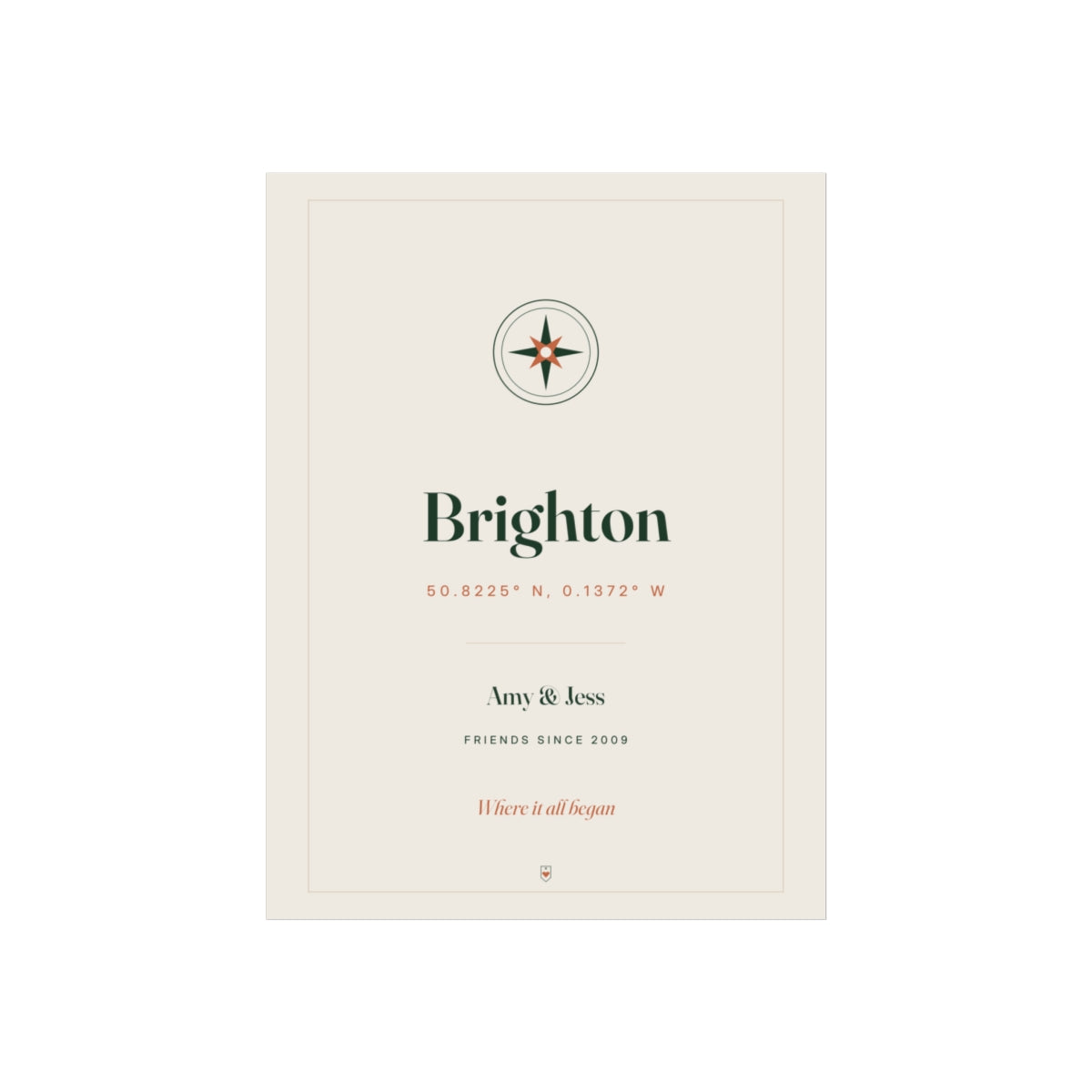 Personalised coordinates print for friends, artwork mock-up with a compass, 'Brighton', 'Amy & Jess' and 'Friends since 2009'