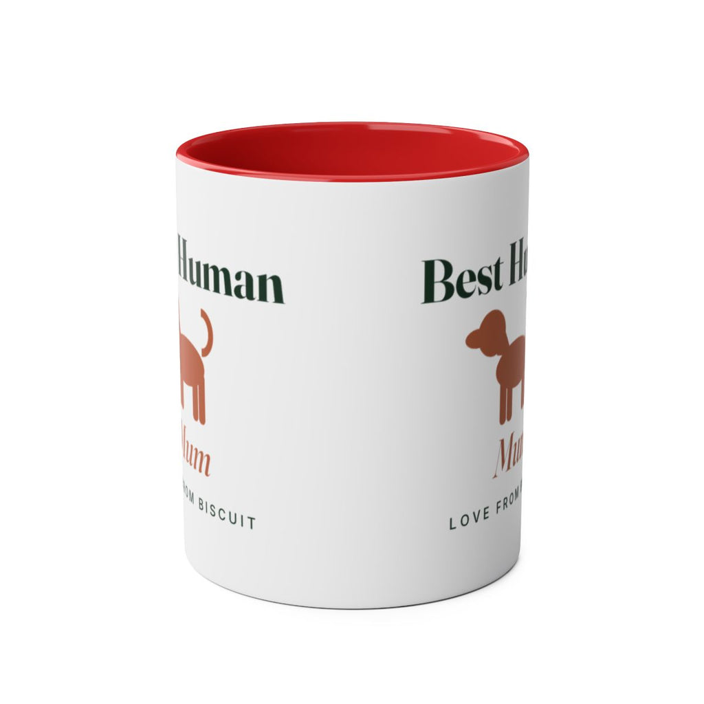 'Best Human' two-tone dog mug mock-up, red inside, handle hidden behind, the sample print showing partly on both sides