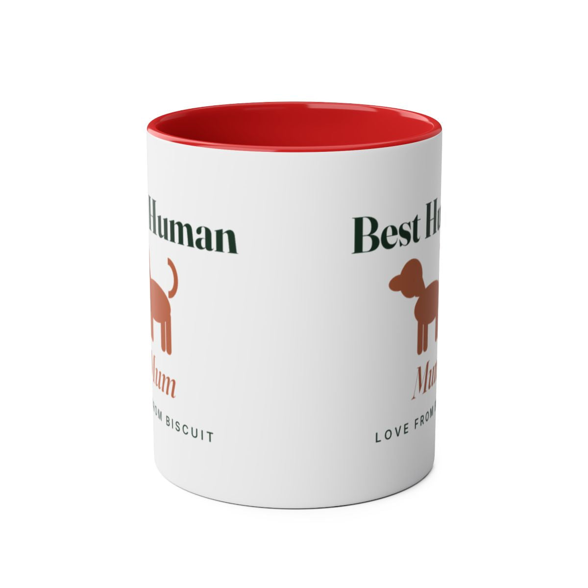 'Best Human' two-tone dog mug mock-up, red inside, handle hidden behind, the sample print showing partly on both sides