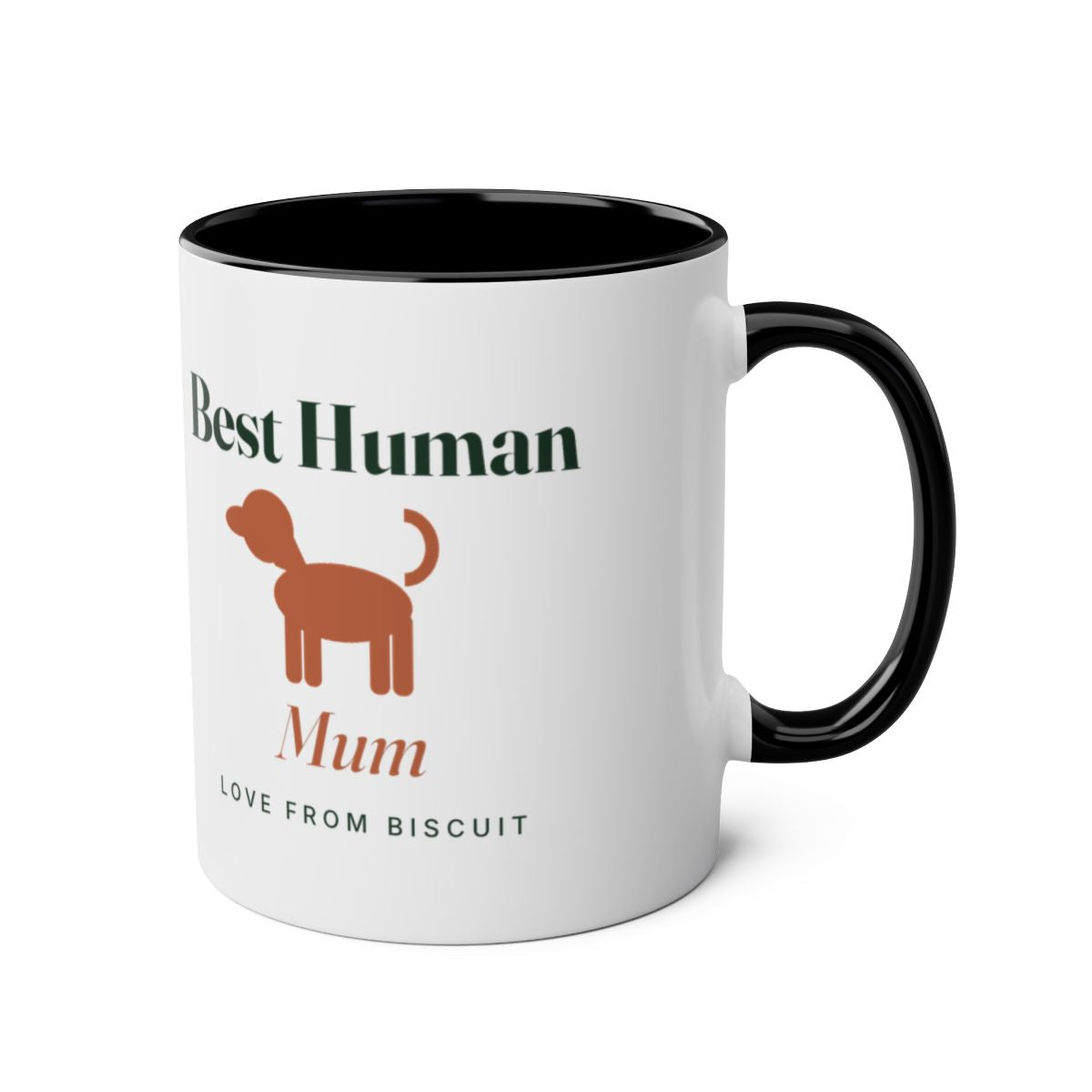 'Best Human' two-tone dog mug mock-up, black inside and handle on the right, with the dog, 'Mum' and 'Love from Biscuit'