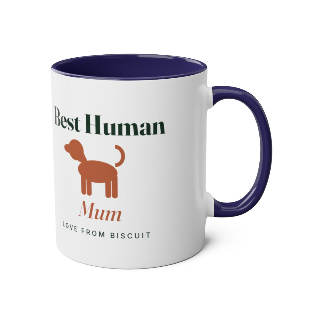'Best Human' two-tone dog mug mock-up, dark blue inside, handle right, dog silhouette, sample 'Mum' and 'Love from Biscuit'