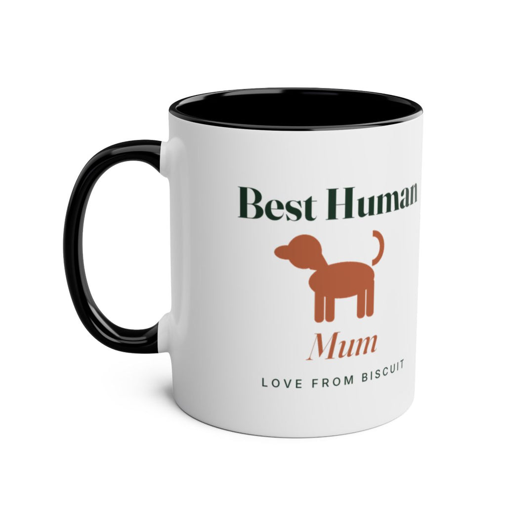 'Best Human' two-tone dog mug mock-up in black, handle left, dog silhouette, sample text 'Mum' and 'Love from Biscuit'