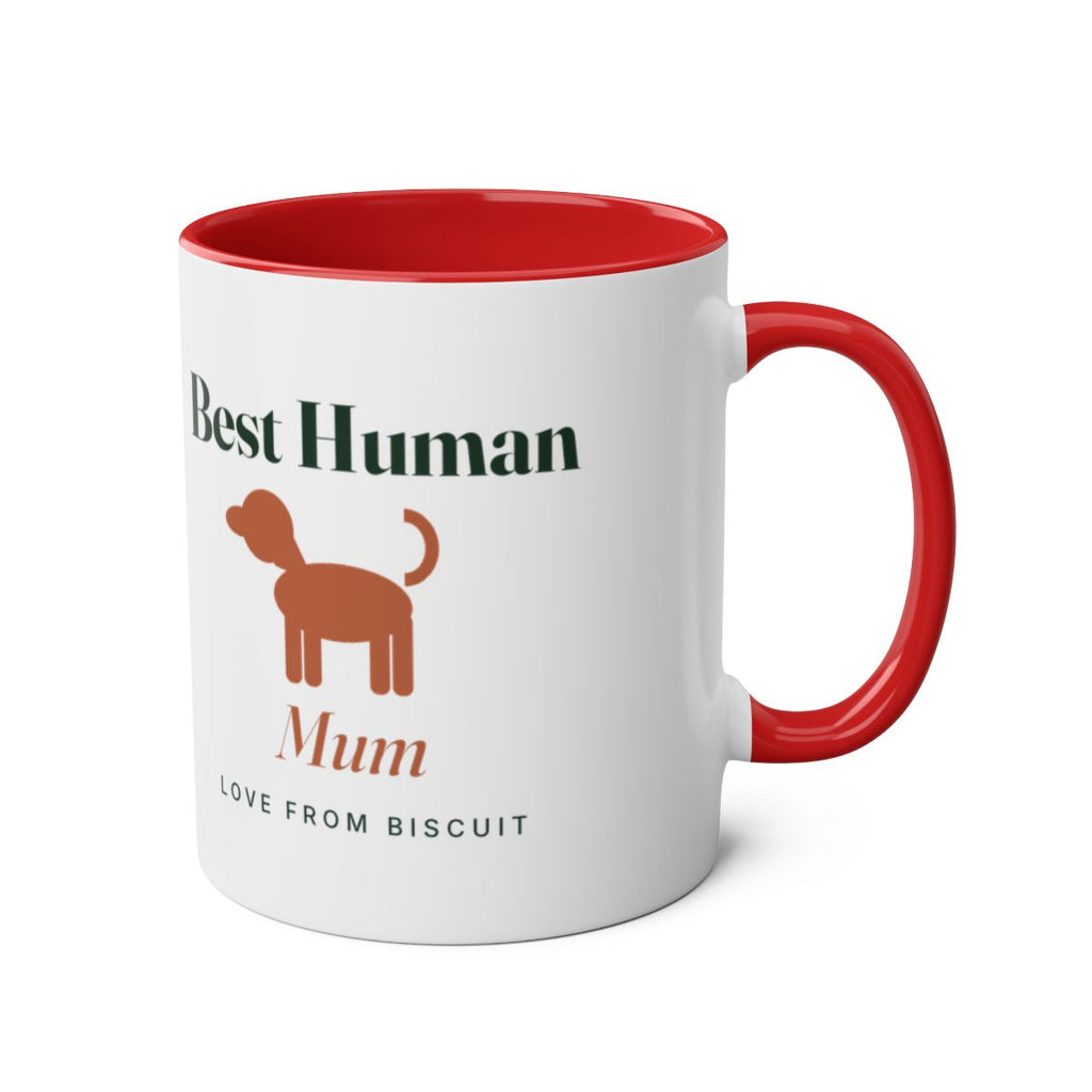 'Best Human' two-tone dog mug mock-up, red inside, handle right, dog silhouette, sample text 'Mum' and 'Love from Biscuit'