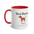 Personalised 'Best Human' two-tone dog mug mock-up, red handle and inside, dog silhouette, 'Mum' and 'Love from Biscuit'