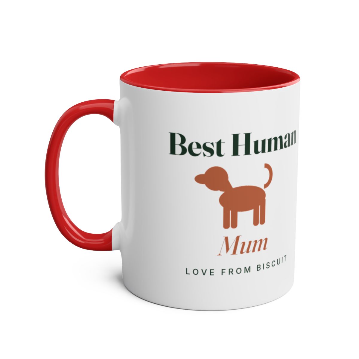Personalised 'Best Human' two-tone dog mug mock-up, red handle and inside, dog silhouette, 'Mum' and 'Love from Biscuit'