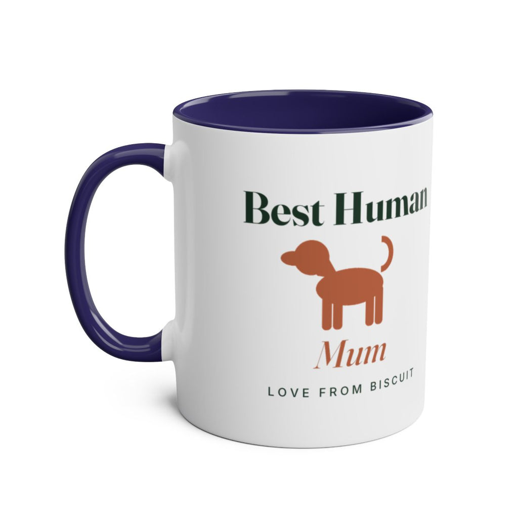 'Best Human' two-tone dog mug mock-up in dark blue, handle left, dog silhouette, sample text 'Mum' and 'Love from Biscuit'