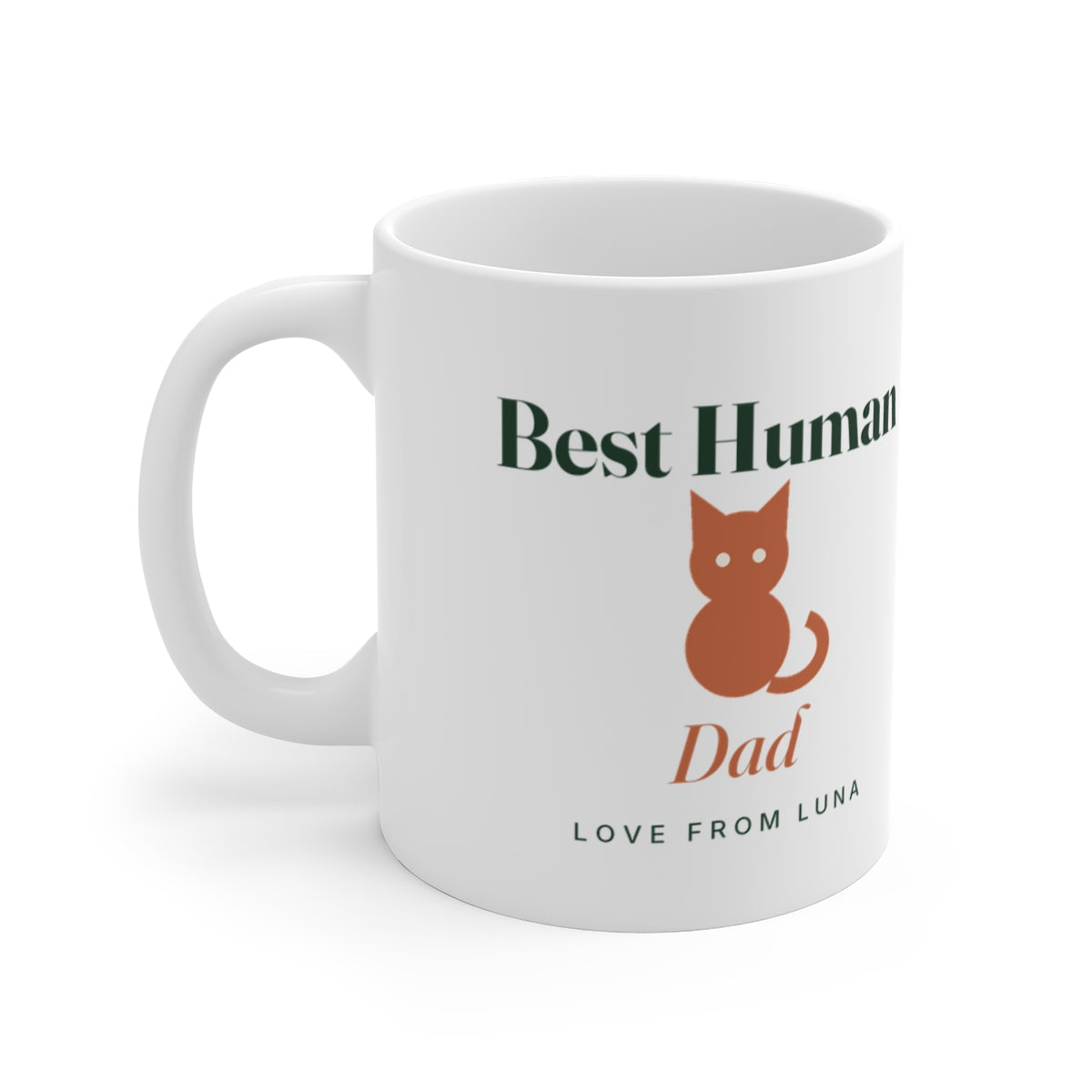Personalised 'Best Human' mug from the cat mock-up, handle on the left, orange cat silhouette, 'Dad' and 'Love from Luna'