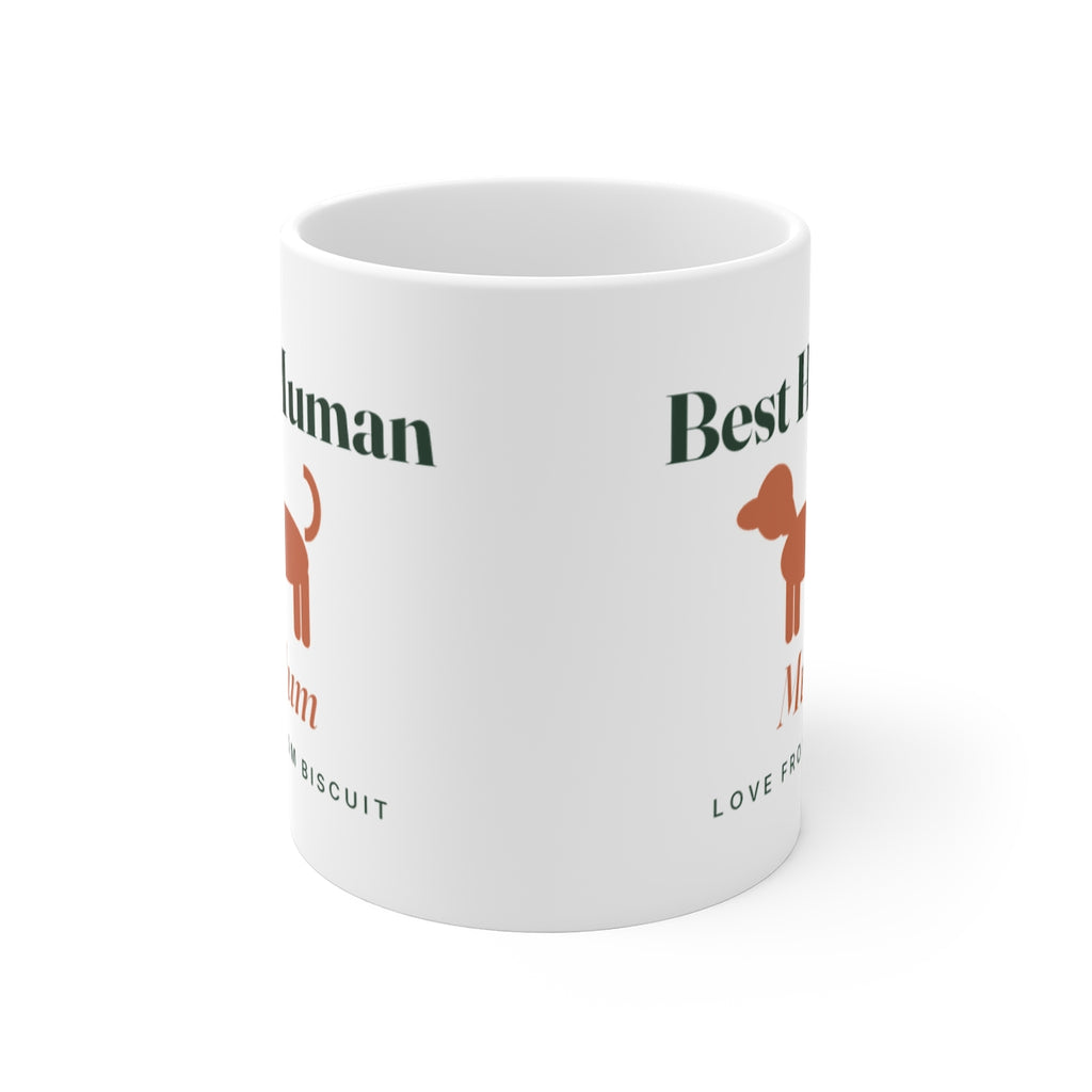 'Best Human' dog mug seen from the front with the handle hidden, the dog print showing partly on both sides