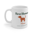 Personalised 'Best Human' mug from the dog mock-up, handle on the left, brown dog silhouette, 'Mum' and 'Love from Biscuit'