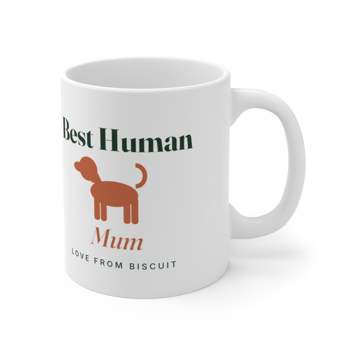 'Best Human' dog mug mock-up with the handle on the right, brown dog silhouette and sample text 'Mum' and 'Love from Biscuit'