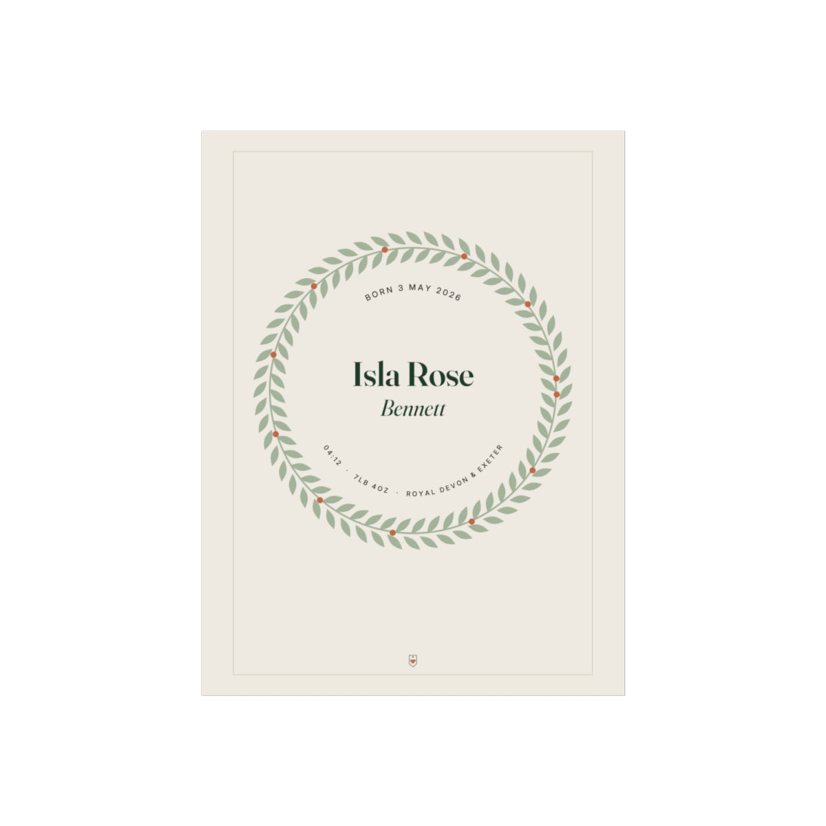 Personalised birth details print mock-up, green leaf wreath around 'Isla Rose Bennett' and 'Born 3 May 2026'