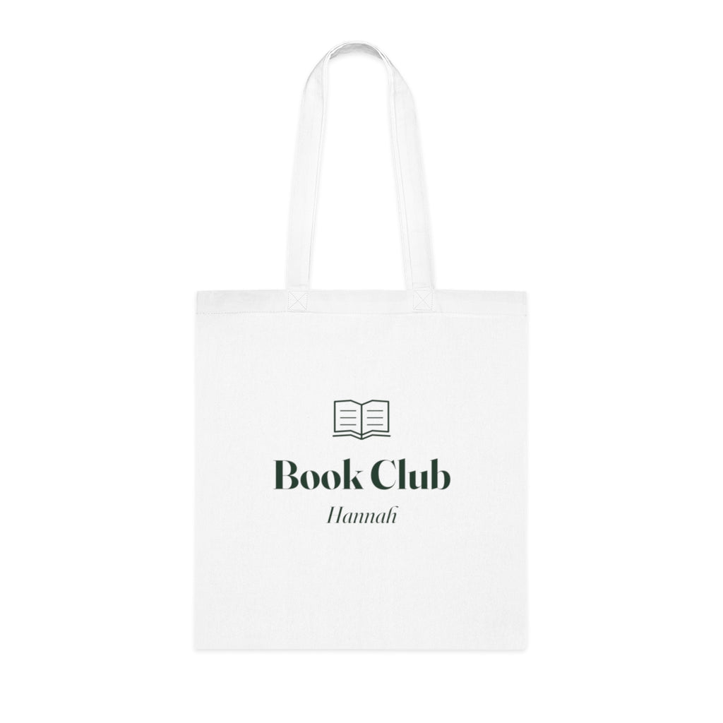 Personalised reading tote bag mock-up, white cotton tote with an open book icon, 'Book Club' and sample name 'Hannah'