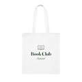 Personalised reading tote bag mock-up, white cotton tote with an open book icon, 'Book Club' and sample name 'Hannah'