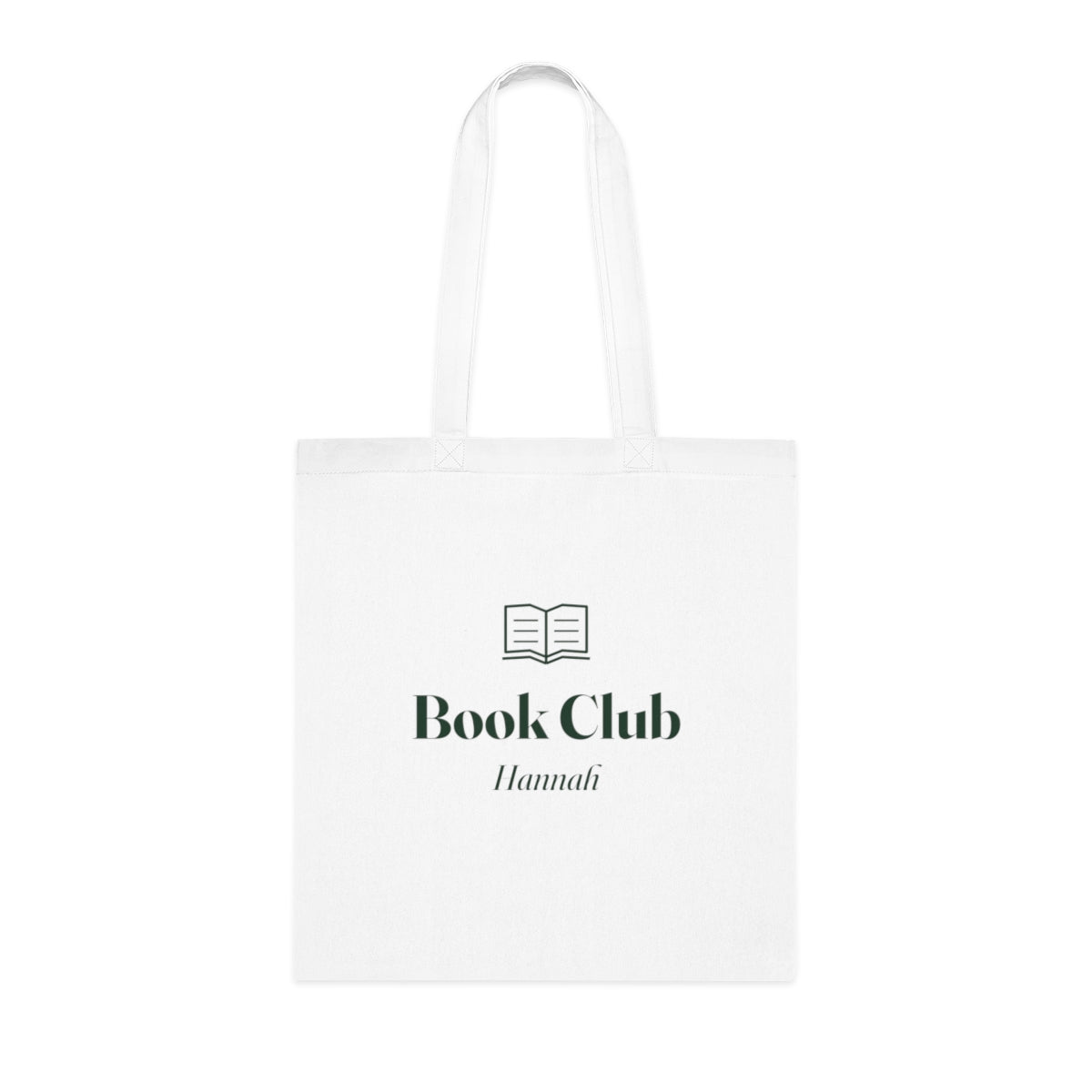 Personalised reading tote bag mock-up, white cotton tote with an open book icon, 'Book Club' and sample name 'Hannah'