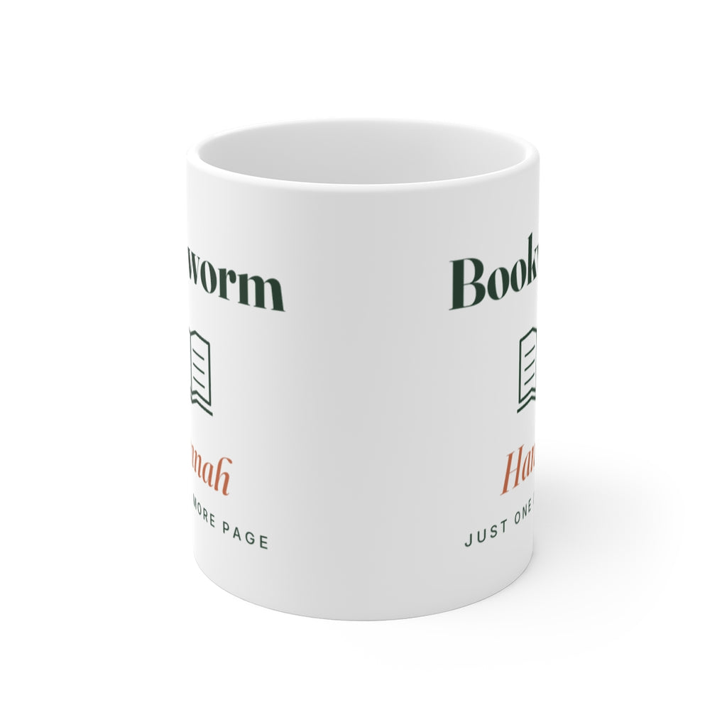 Bookworm mug seen from the front with the handle hidden, the print showing partly on both sides