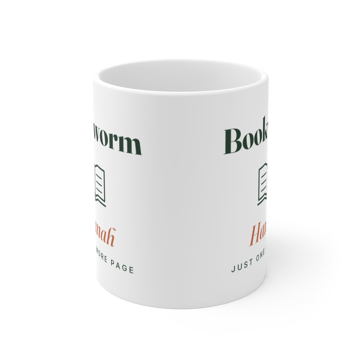 Bookworm mug seen from the front with the handle hidden, the print showing partly on both sides