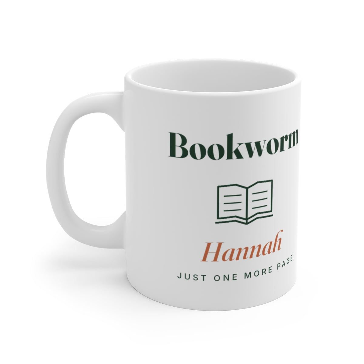 Personalised Bookworm mug mock-up, handle on the left, with an open book icon, 'Hannah' and 'Just one more page'