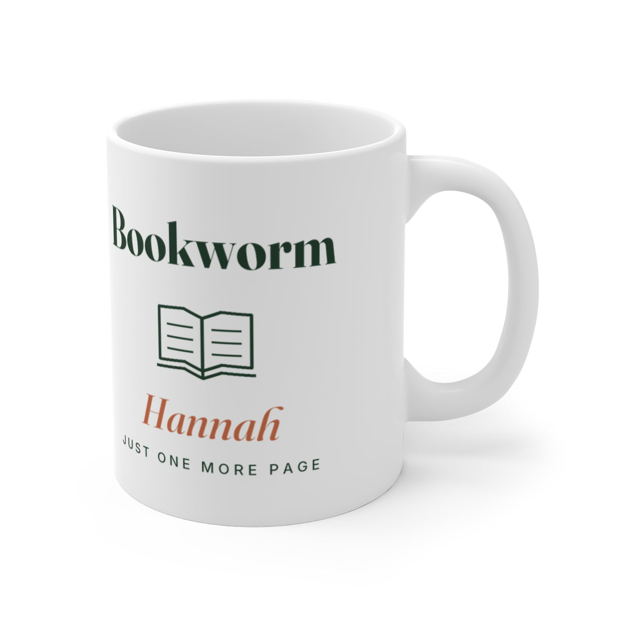 Bookworm mug mock-up with the handle on the right, showing the open book icon, 'Hannah' and 'Just one more page'