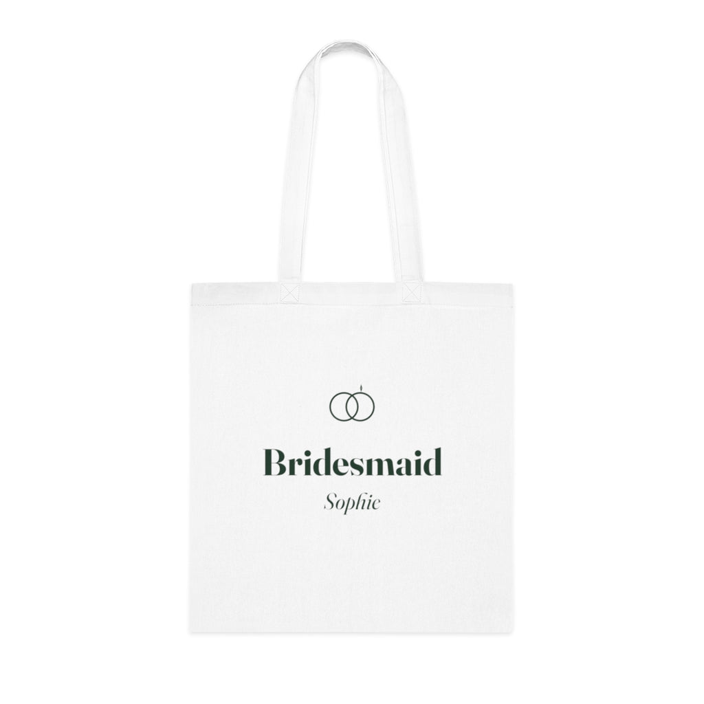 Personalised bridal party tote bag mock-up, white cotton tote printed with linked rings, 'Bridesmaid' and 'Sophie'