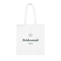 Personalised bridal party tote bag mock-up, white cotton tote printed with linked rings, 'Bridesmaid' and 'Sophie'