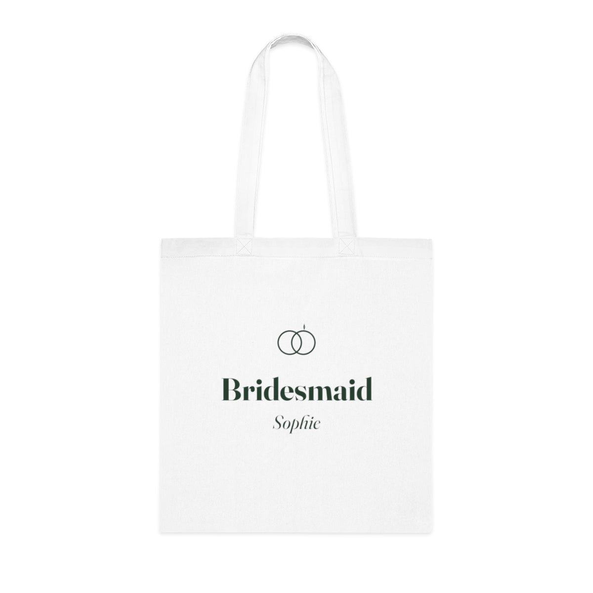 Personalised bridal party tote bag mock-up, white cotton tote printed with linked rings, 'Bridesmaid' and 'Sophie'