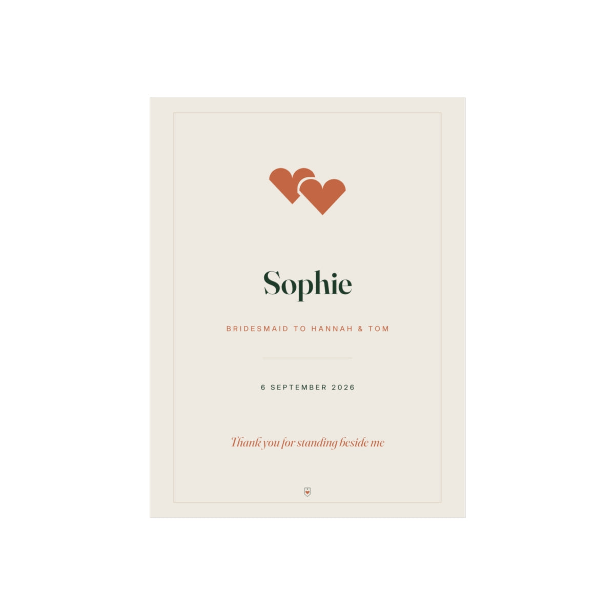 Personalised bridesmaid thank you print mock-up with two orange hearts, 'Sophie' and 'Bridesmaid to Hannah & Tom'