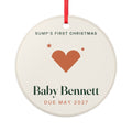 Personalised Bump's First Christmas ornament mock-up, round cream disc with an orange heart, 'Baby Bennett', 'Due May 2027'