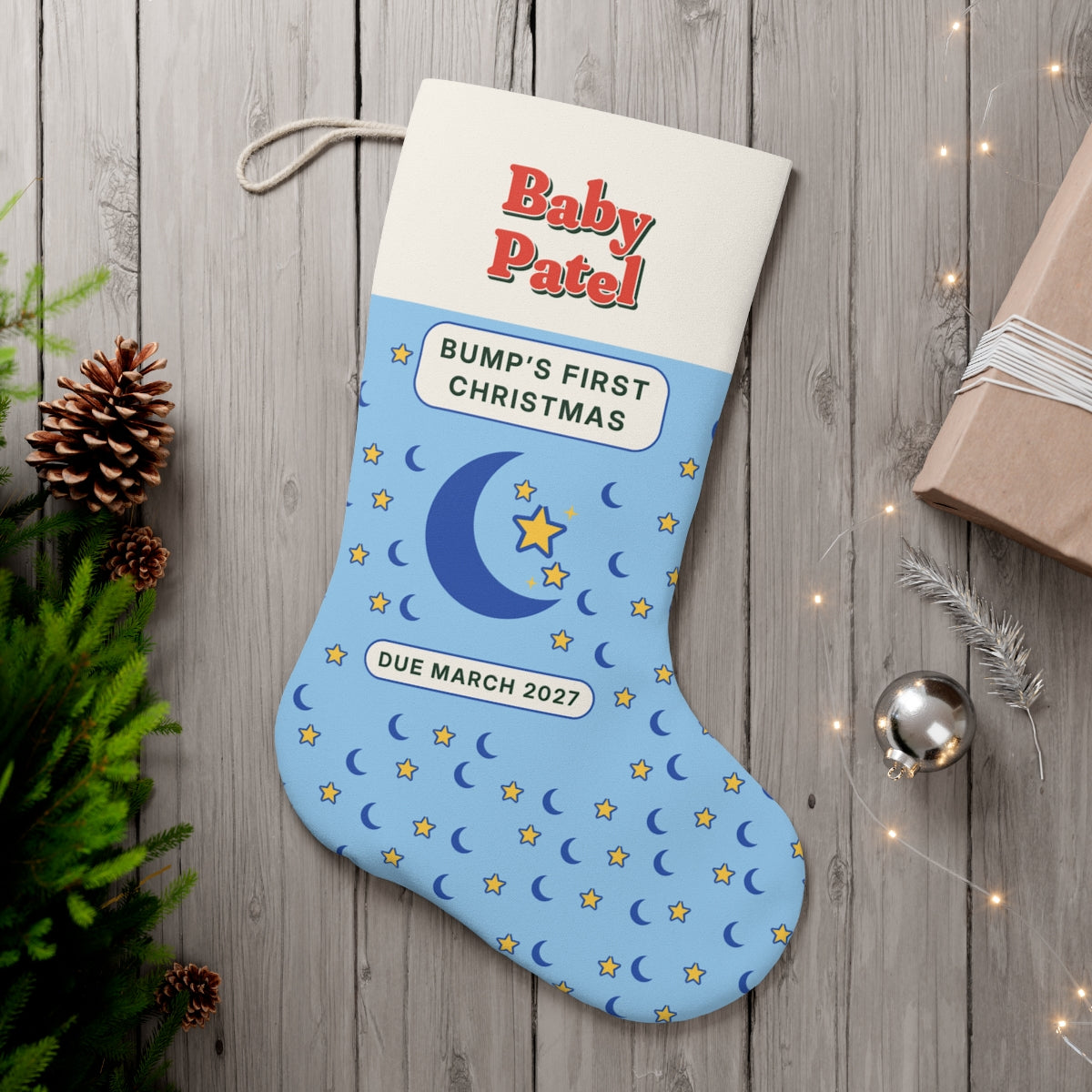 Personalised Bump's First Christmas Stocking with Due Date, Kept by You, personalised and printed in the UK (view 2)