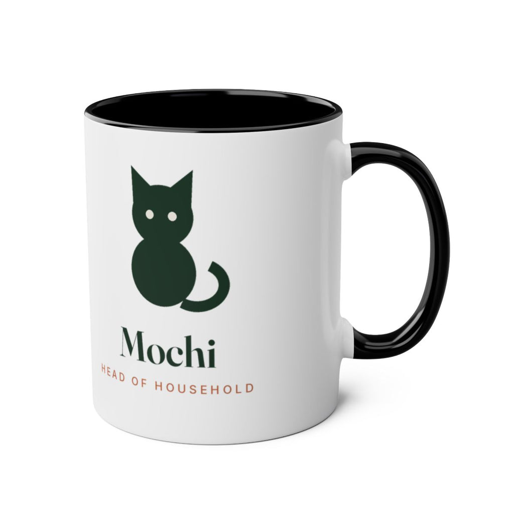 Cat silhouette two-tone mug mock-up, handle on the right, with the dark cat, 'Mochi' and 'Head of household' on the front