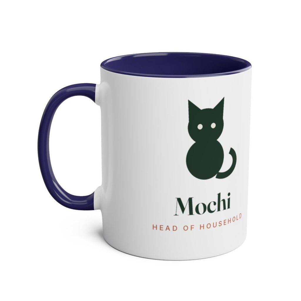 Cat silhouette two-tone mug mock-up in the dark blue colour, handle on the left, with the green cat and 'Mochi'