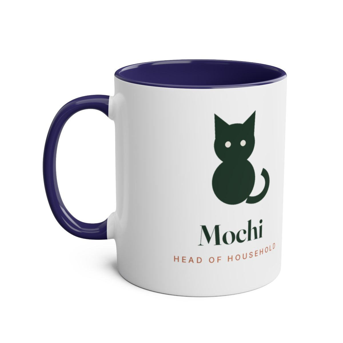 Cat silhouette two-tone mug mock-up in the dark blue colour, handle on the left, with the green cat and 'Mochi'