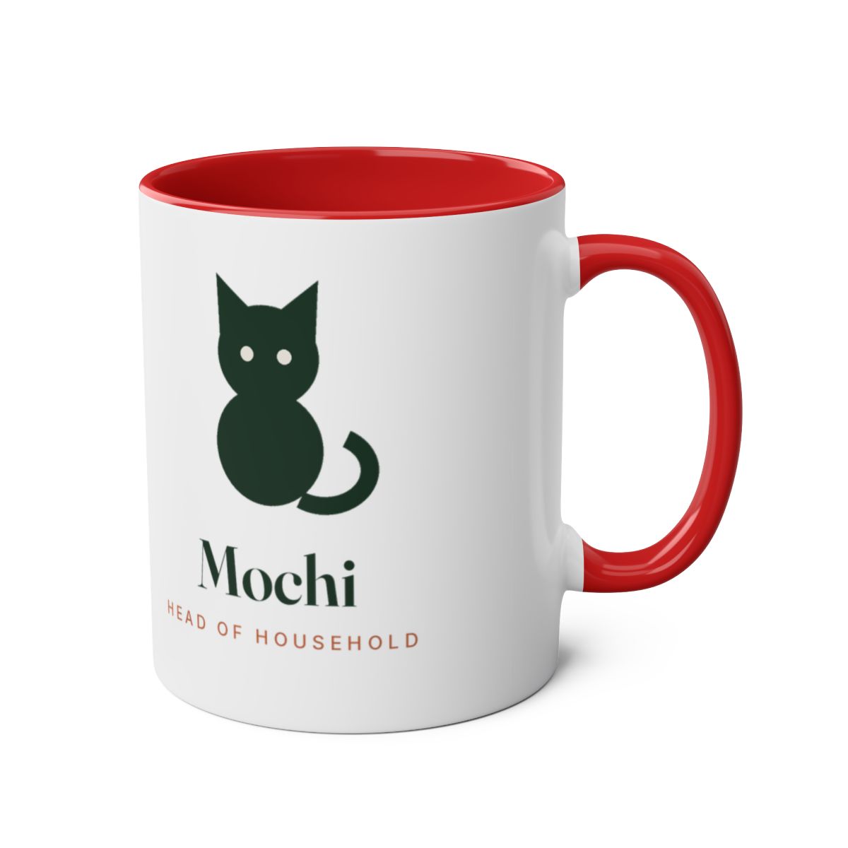 Cat silhouette two-tone mug in red with the handle on the right, showing the cat and name printed on the other side