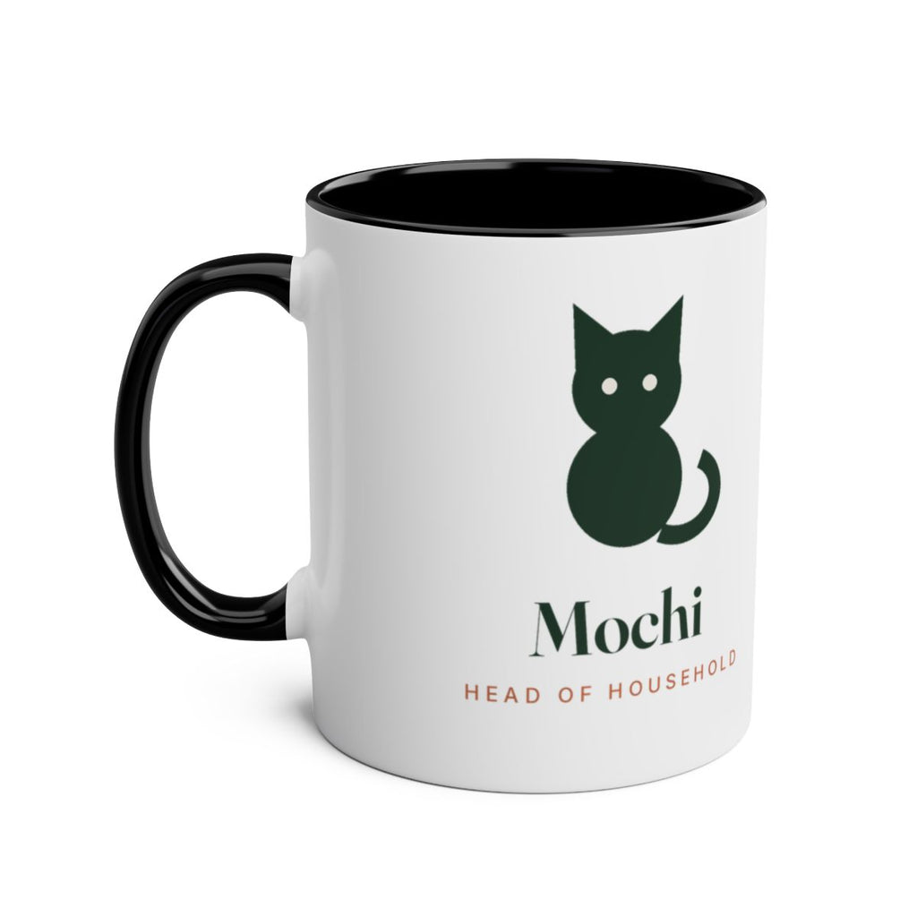 Cat silhouette two-tone mug mock-up in the black colour, handle on the left, with the green cat and sample name 'Mochi'