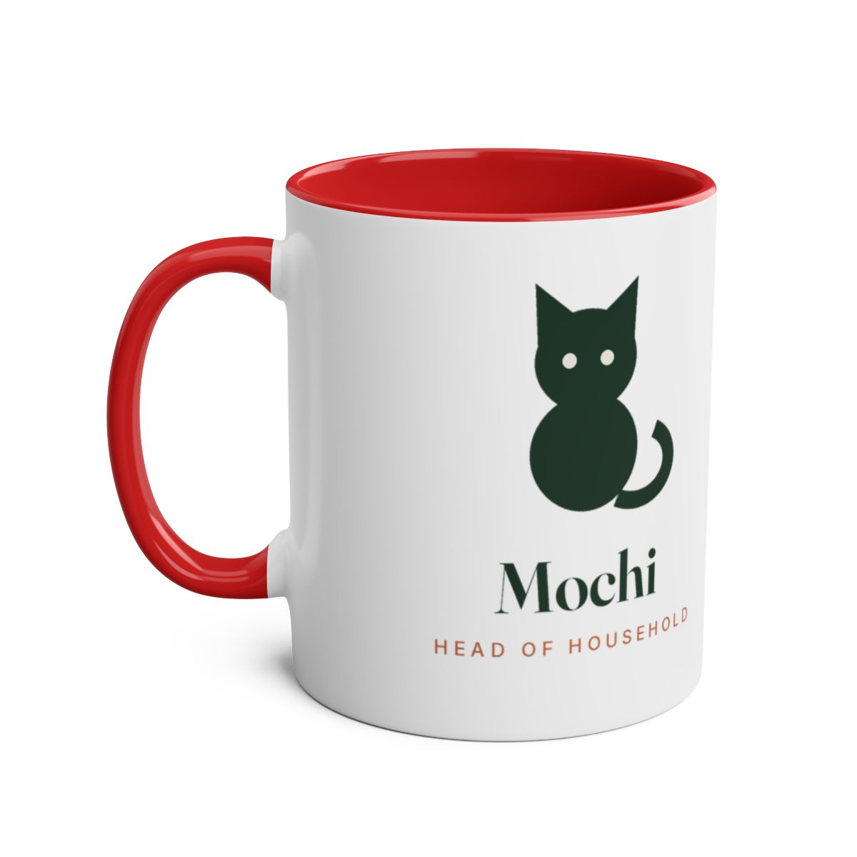 Personalised cat silhouette two-tone mug mock-up, red inside and handle, a dark green cat, 'Mochi' and 'Head of household'