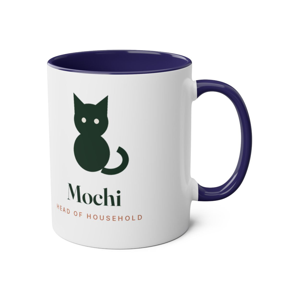 Cat silhouette two-tone mug in dark blue with the handle on the right, showing the cat and name on the other side