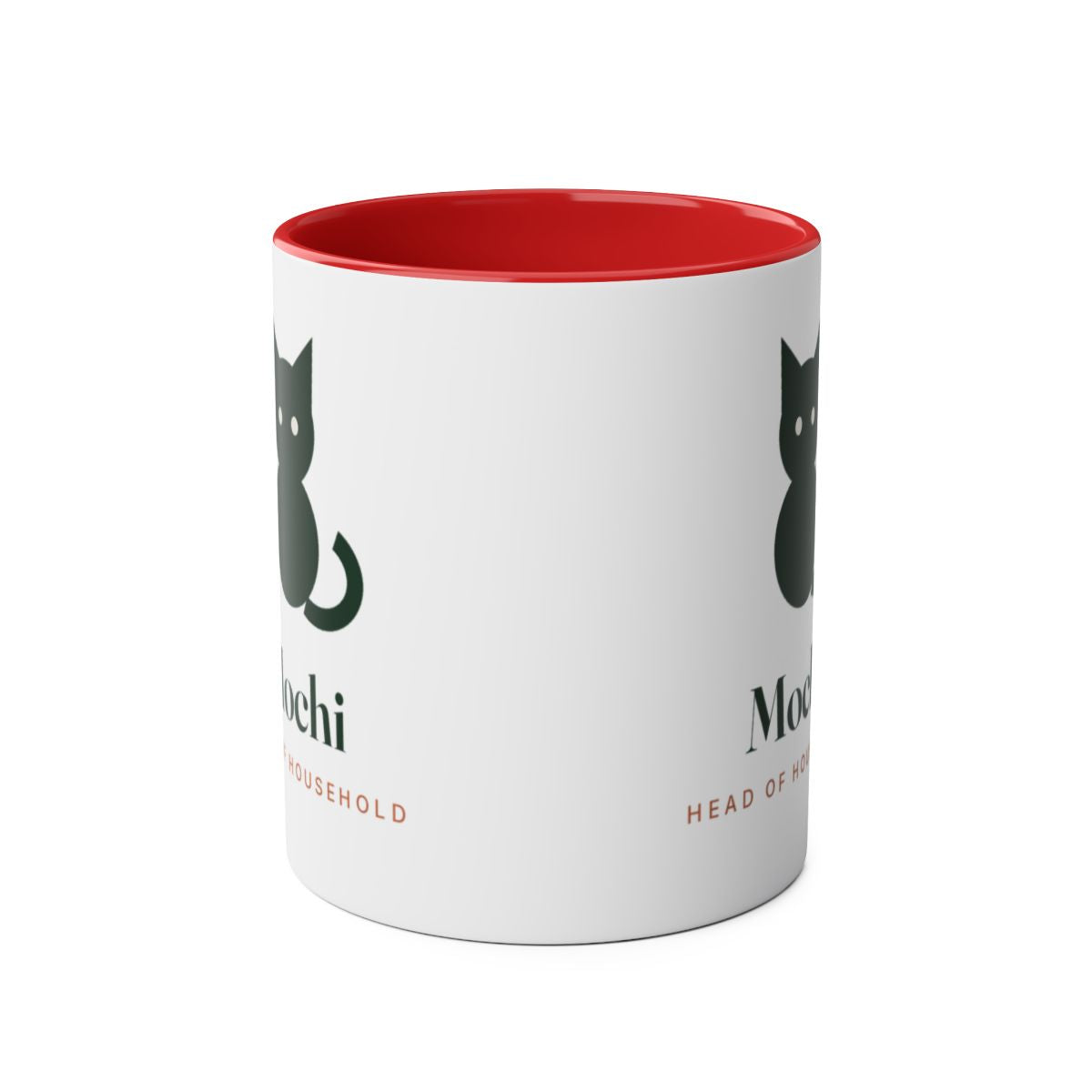 Cat silhouette two-tone mug in red seen straight on with the handle behind, the cat design visible at both edges