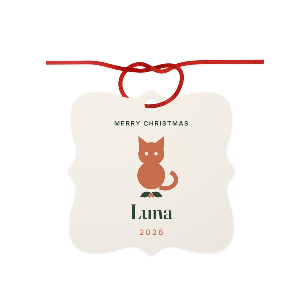 Personalised cat Christmas aluminium ornament mock-up, cream scalloped square with an orange cat on holly, 'Luna' and '2026'